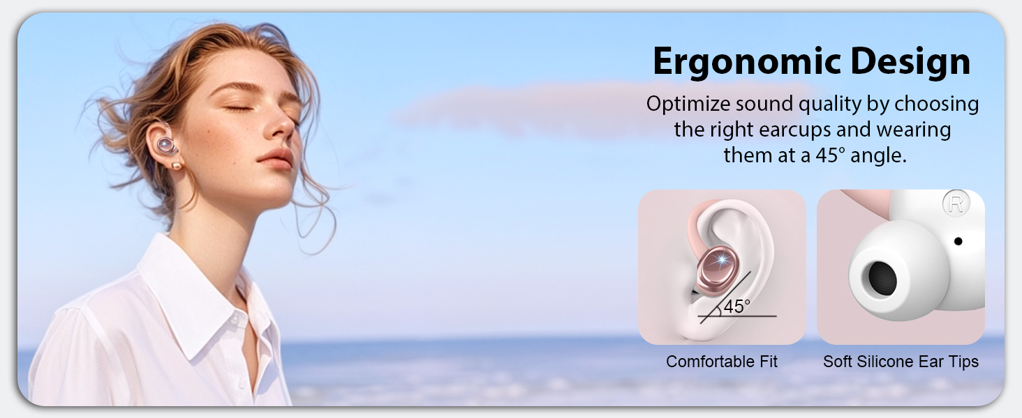 Wireless earbuds advertisement highlighting ergonomic design. Shows ear closeup and white earbud, with text about comfort and sound quality.