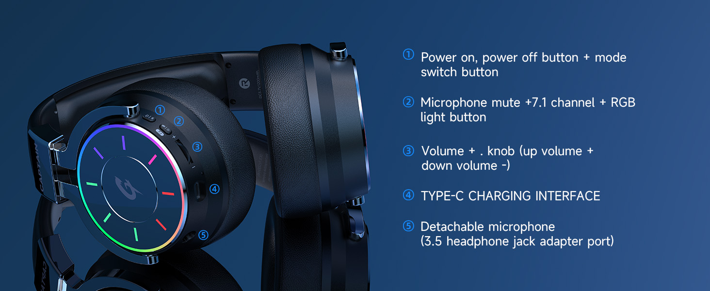Close-up of a gaming headset control panel with illuminated touch buttons and technical specifications displayed.