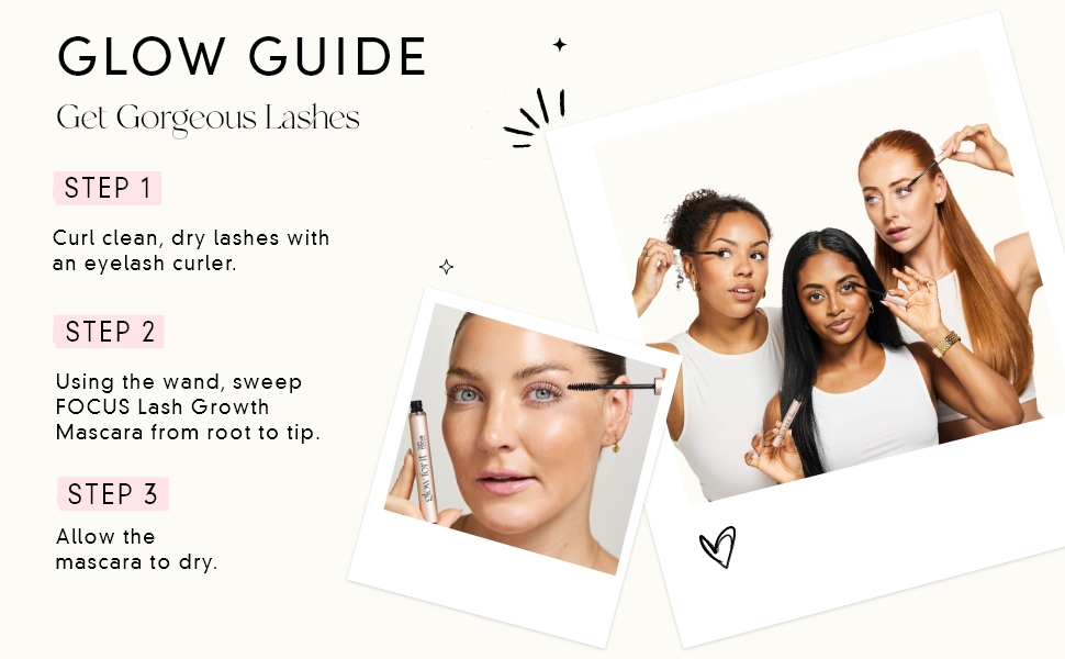 Text reads 'GLOW GUIDE'. Instructional beauty guide showing step-by-step skincare application techniques and product usage demonstrations.