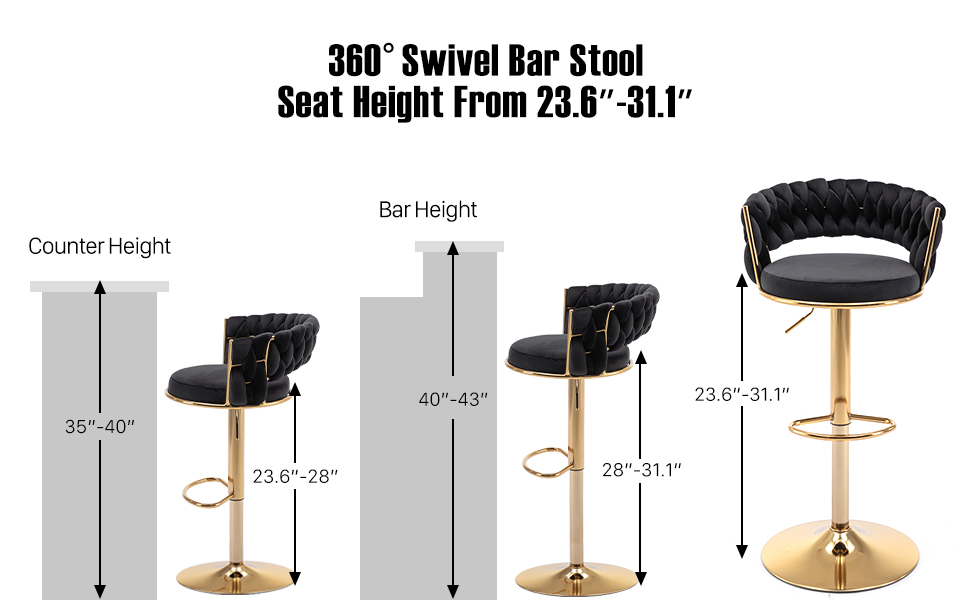 ABET Gold Bar Stool Set of 2, Velvet Swivel Woven Barstools, Height Adjustable