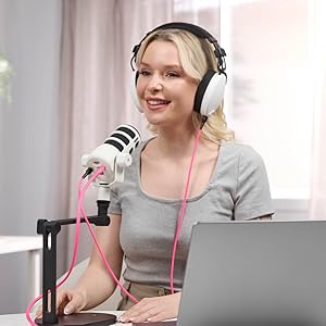 woman using Rode PodMic USB White to record