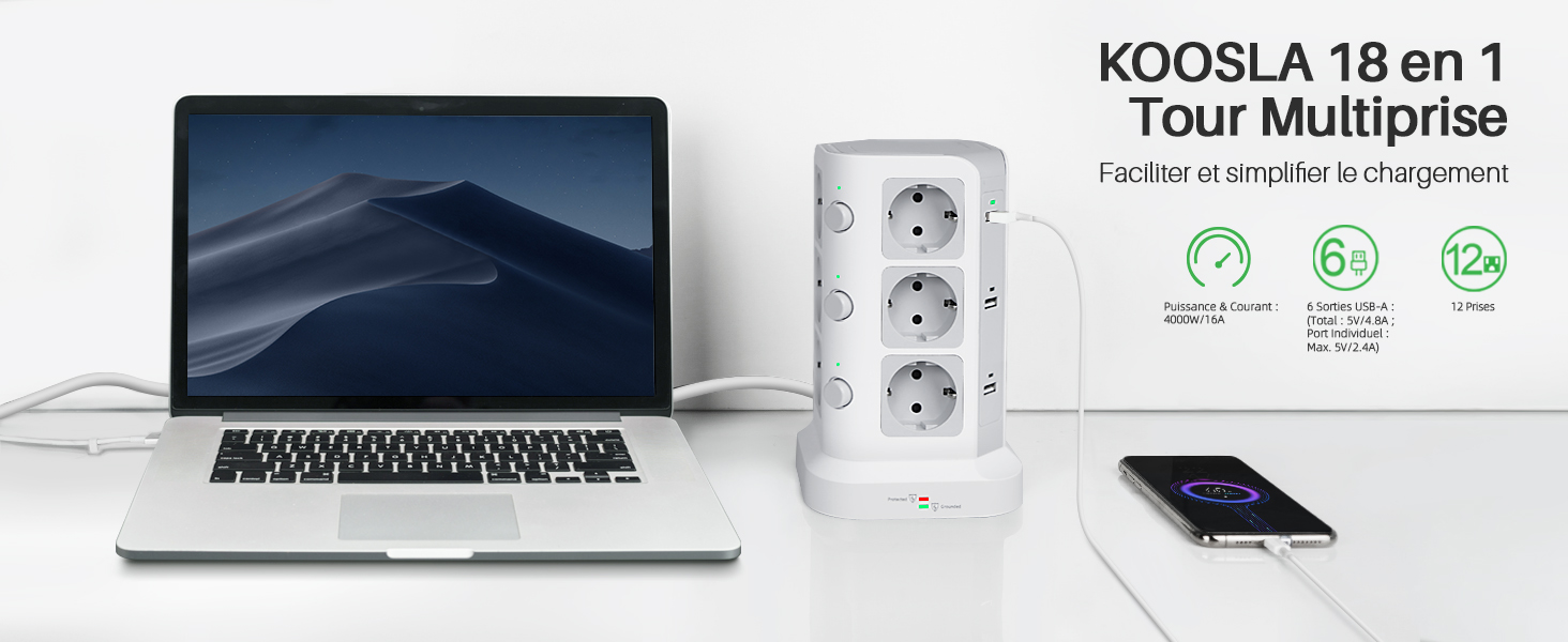 présentée avec un ordinateur portable et un smartphone, avec plusieurs configurations de prises et un design blanc compact