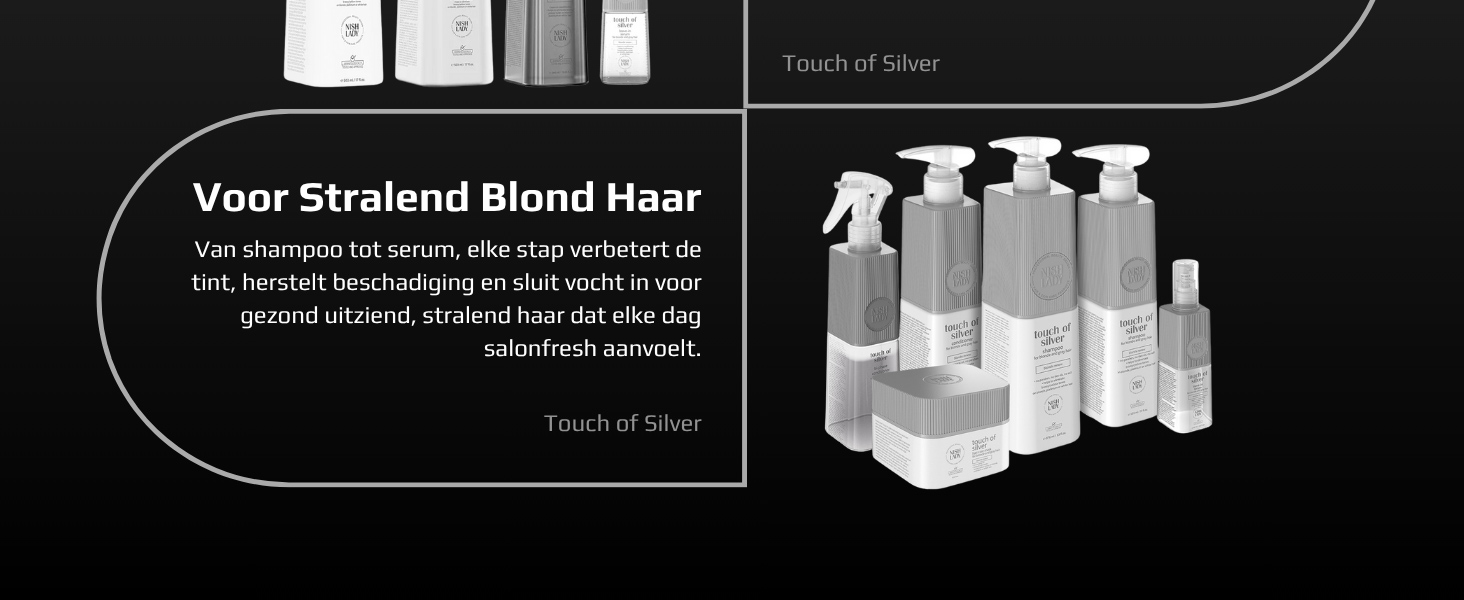 De tekst luidt 'Your Stratford Blond Hair'. Zwart-wit promotieafbeelding met meerdere doorzichtige flessen met pompdispensers tegen een donkere achtergrond.
