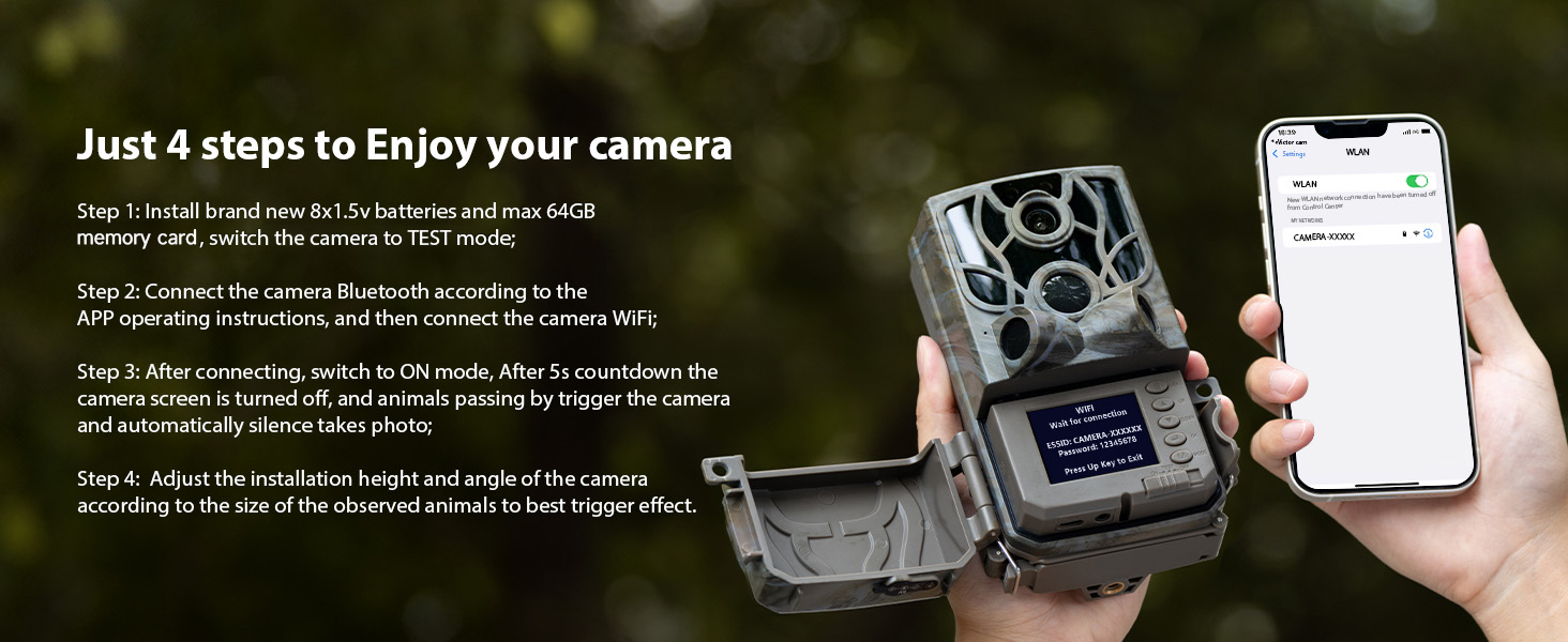 Wildlife camera and smartphone displaying setup instructions. Camera has infrared LEDs and smartphone shows app interface for camera control.