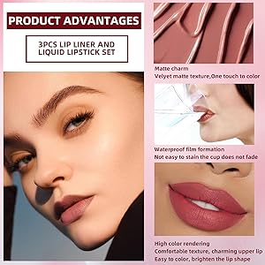 3 Pcs Matte Liquid Lipstick and Lip Liner Set, Long-Lasting Waterproof Nude Shades 