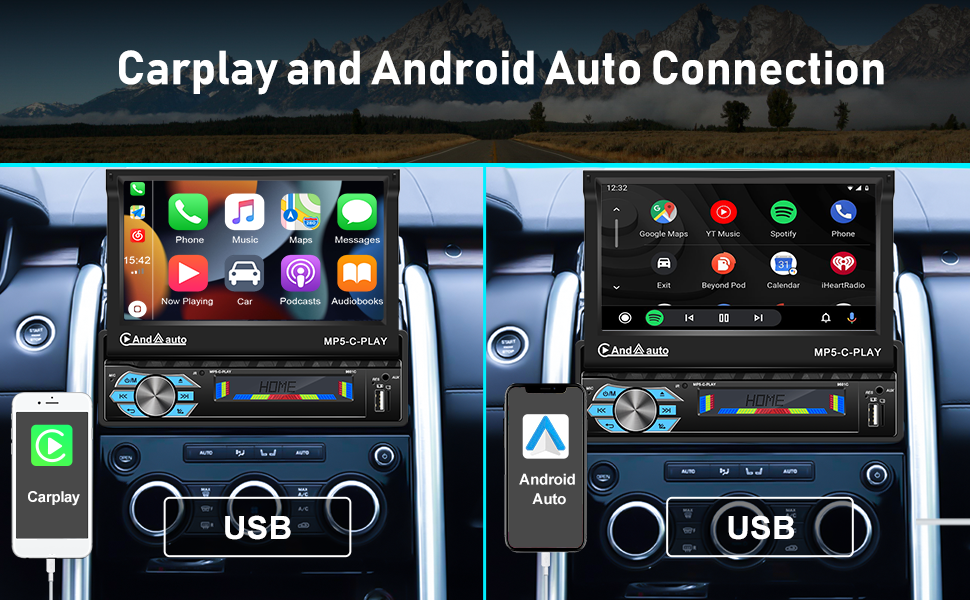 CAMECHO Single Din Car Stereo with Apple Carplay Android Auto 7 Inch