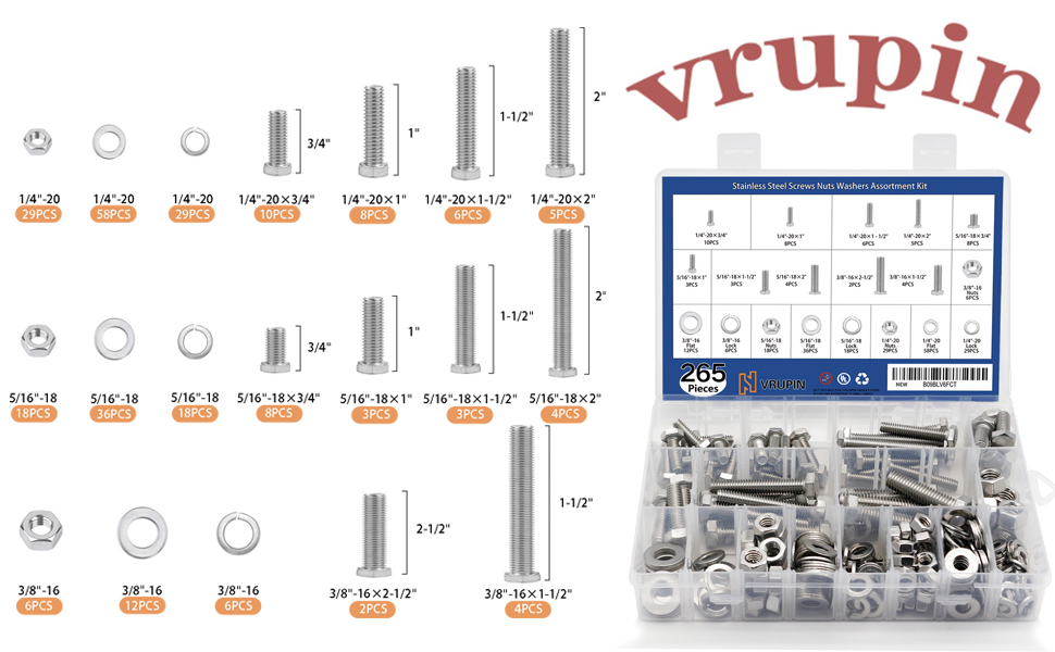265PCS Nuts and Bolts 1/4