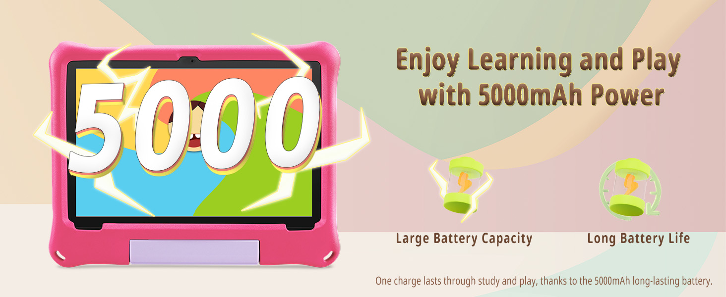 Kids Tablet with 5000mAh battery for all-day learning and play.
