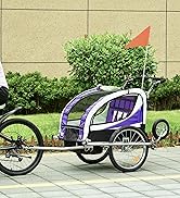 Bicycle child trailer with purple and white fabric, attached to a bike. Features enclosed seating area, two large wheels, and a small front wheel for stability when detached.