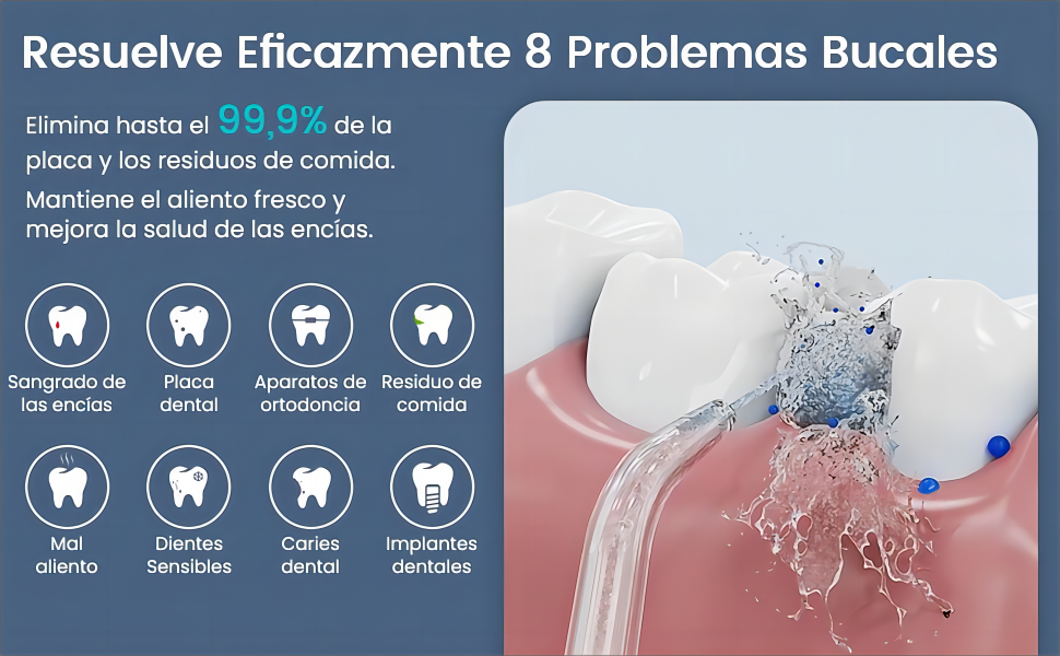 Infográfico de higiene dental em espanhol. Escova de dentes elétrica para pulverização de água. Os ícones mostram 8 benefícios para a saúde oral, incluindo remoção de placa bacteriana e hálito fresco