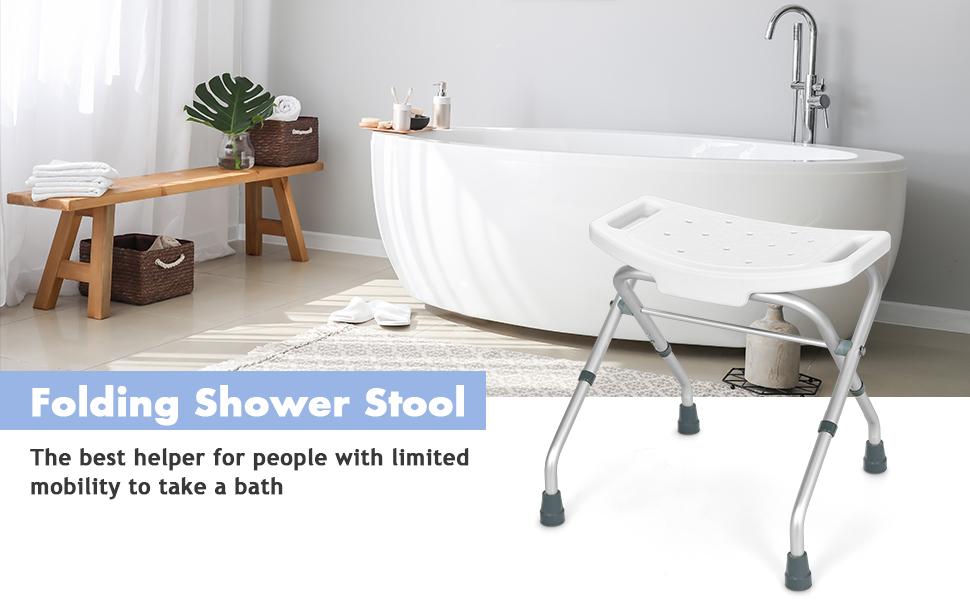 CASART Folding Shower Stool, 3Position Height Adjustable Bathtub Chair