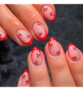 ROFIBUT Red French Tip Press on Nails Almond Short Fake Nails Cute Nude Pink Full Cover Glue on N...