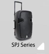 Text reads: 'SPJ Series'. Black portable speaker or PA system with handle and wheels visible against white background.