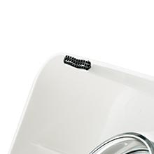 a black metal hinge on the back of a sink.