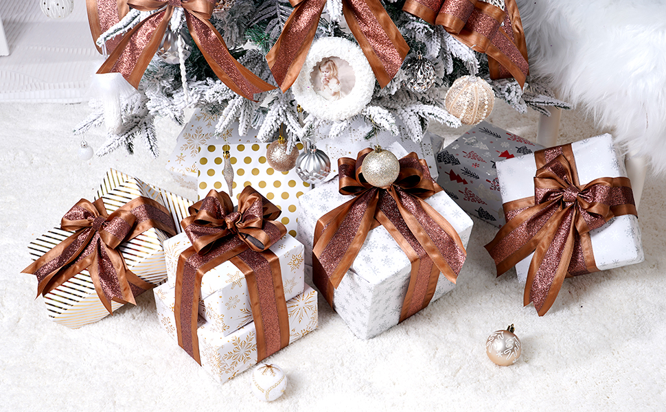 MAYREEL Copper Wired Satin Ribbon with Glitter Stripe 2.5