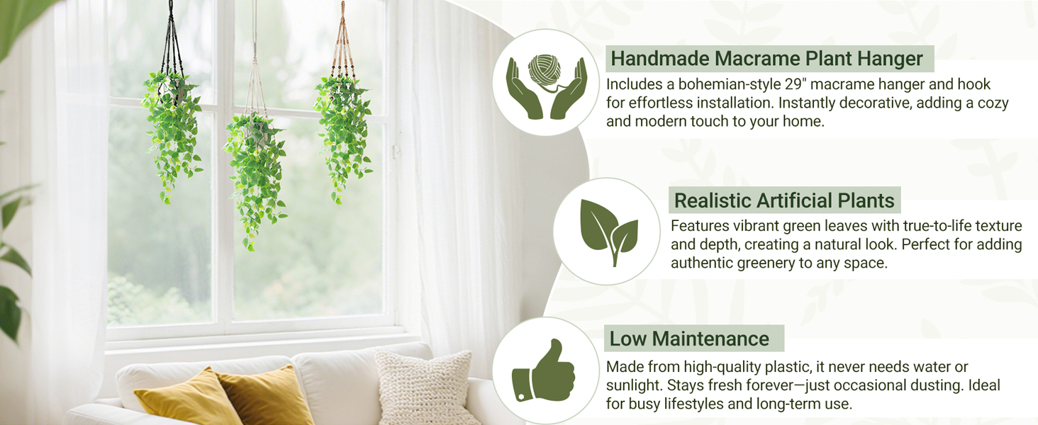 Product Features: Handwoven macrame plant hanger, lifelike hanging pothos plants, low-maintenance
