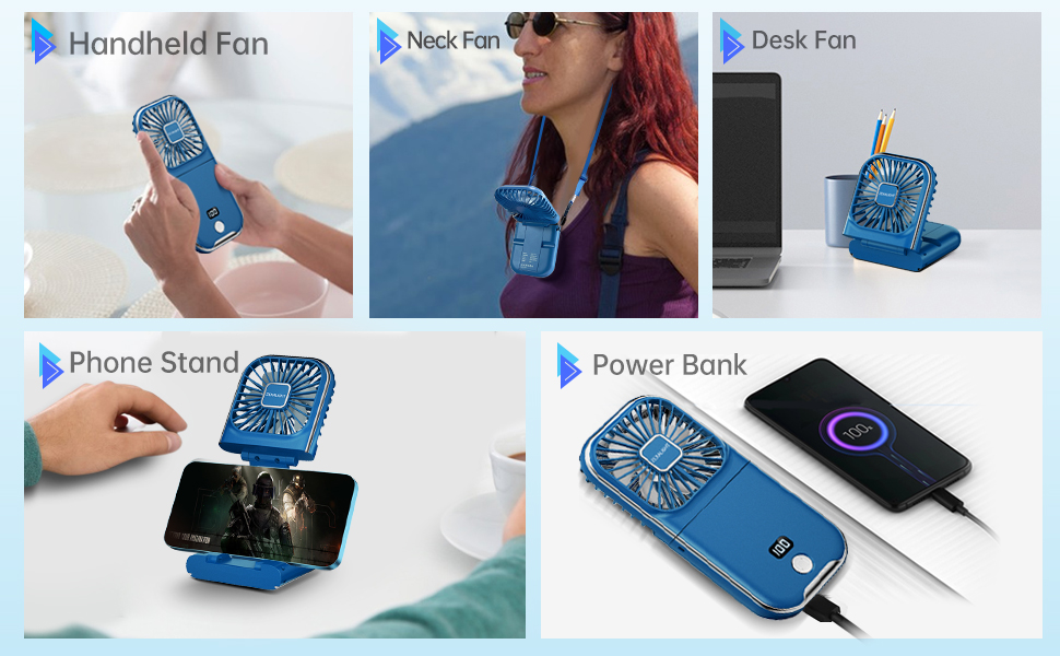 Portable Handheld Fan Necklace Fan Mini Desk Fan Foldable Phone Stand Power Bank