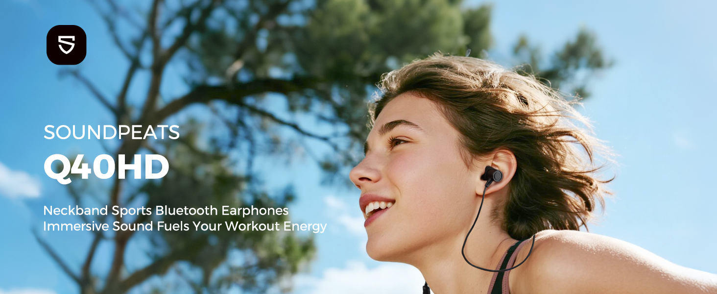 Text reads: 'SOUNDPEATS Q40HD'. Marketing image showing wireless earbuds in use during outdoor activity.
