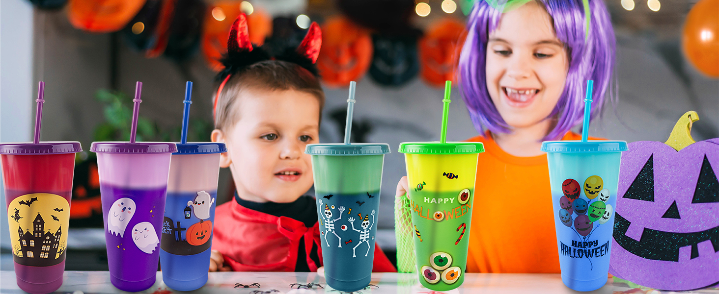 12 Pack Halloween Color Changing Cups with Lids and Straws, 24 oz Plastic Tumblers