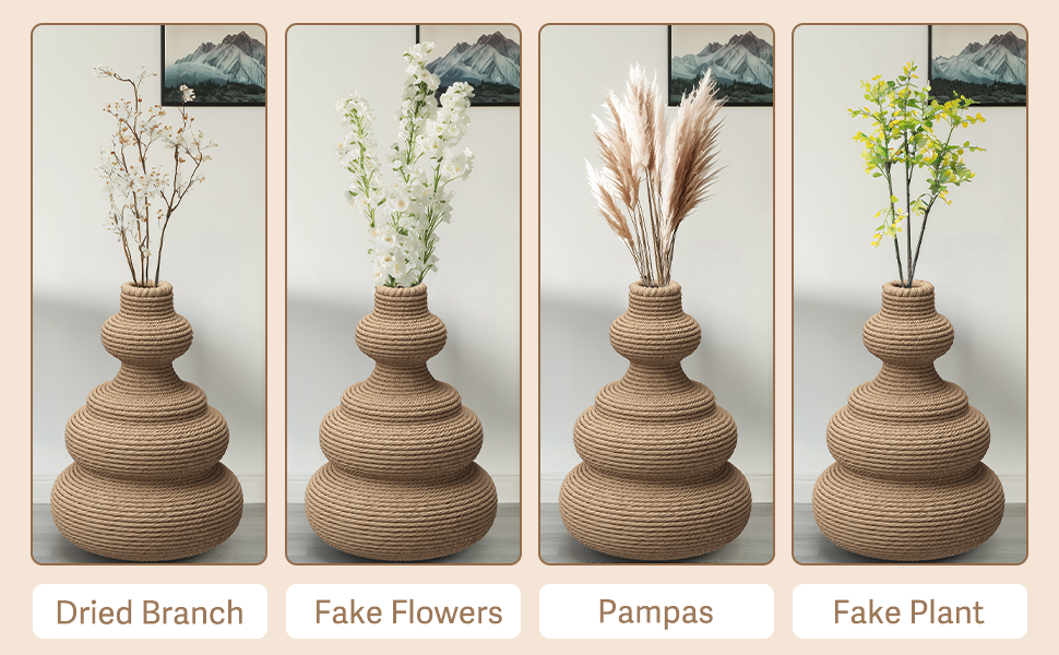 Four images display a woven vase adorned with a dried branch, fake flowers, pampas,and a fake plant