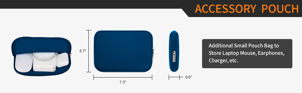 Blue accessory pouch with dimensions 7.7