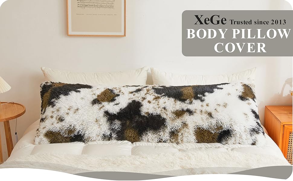 XeGe Long Fluffy Body Pillow Cover, Cow Print Faux Fur Bolster Pillow