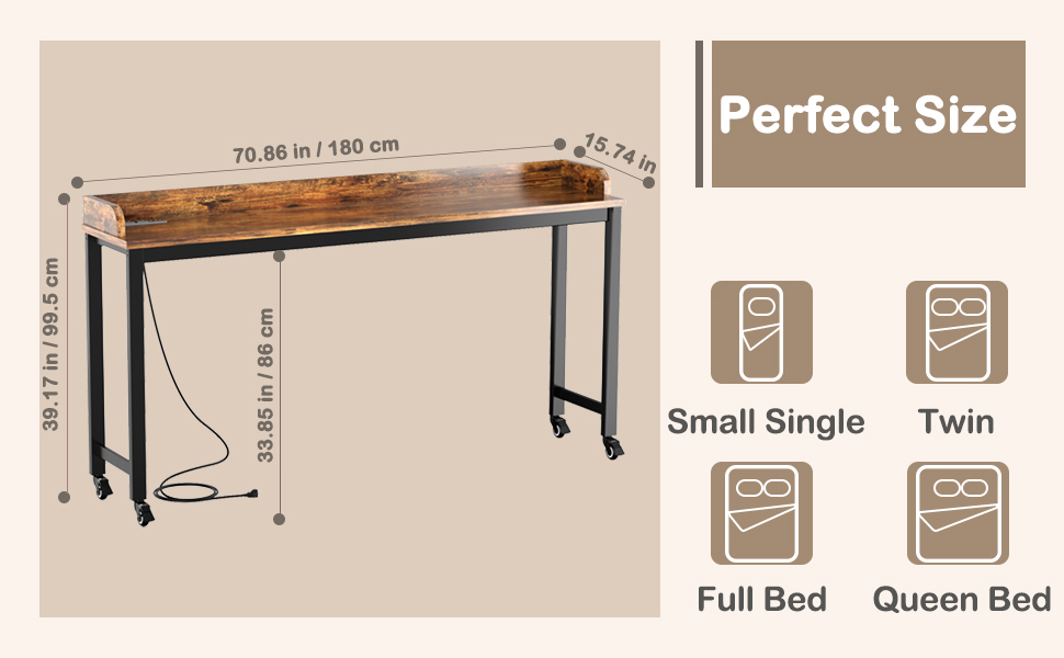 Ytaoka Overbed Table with Wheels, 70.8" Queen Size Bed
