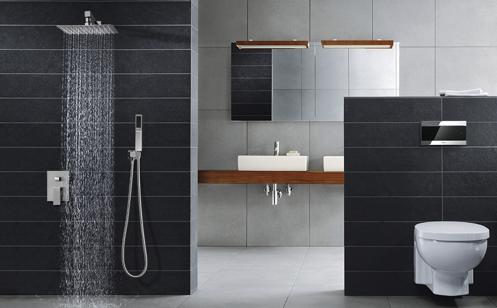 HANEBATH Shower Faucet Set Complete with 10 Inches Rain Shower Head, Brushed Nickel Shower