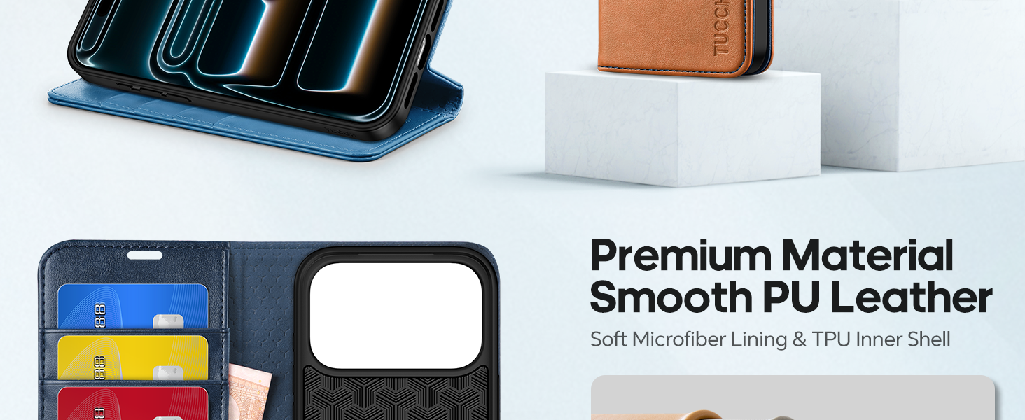 TUCCH Case Wallet for iPhone 17 Pro, TPU Shockproof Shell Stand PU Leather Stand Protective Cover