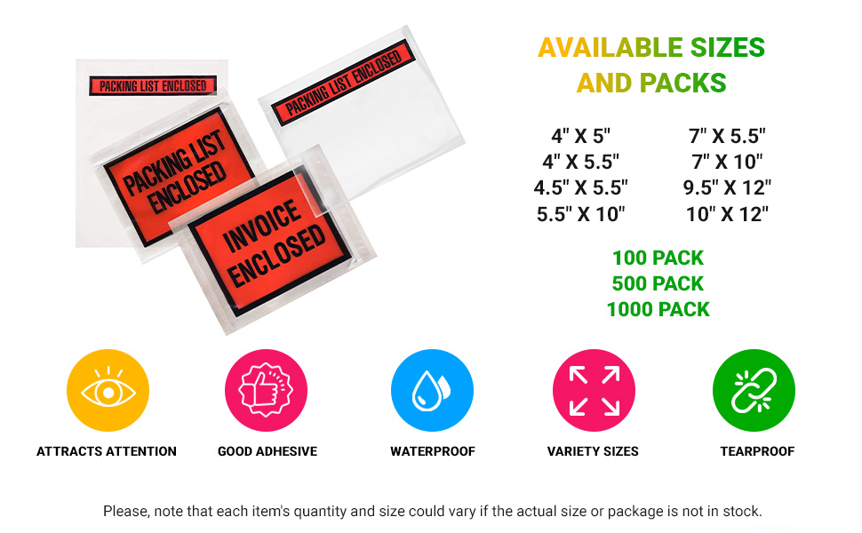 ABC Packing List Enclosed Envelopes 9.5 x 12 Inch, Clear