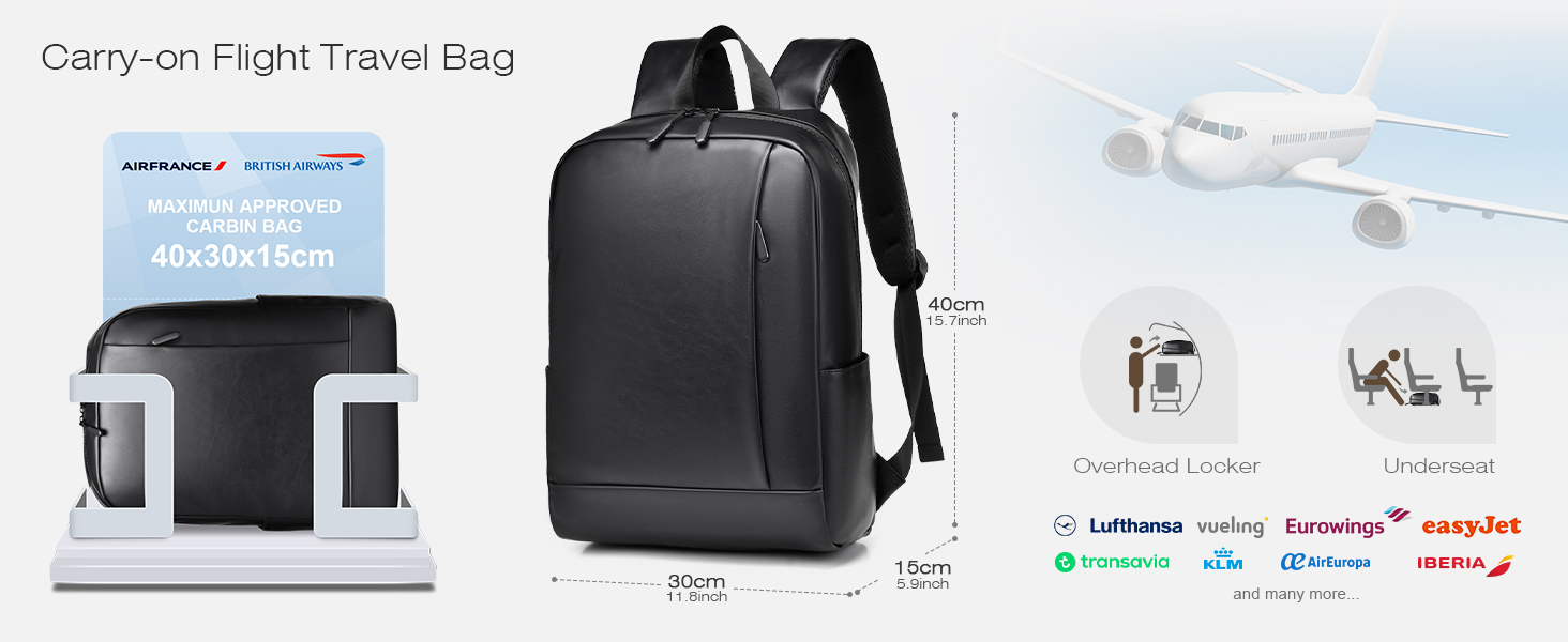 Le texte indique « Sac de voyage Carry on Flight ». L'image du produit montre un sac à dos noir pour ordinateur portable professionnel avec plusieurs vues affichant ses caractéristiques, y compris des comparaisons de tailles et des icônes de compatibilité avec les avions.