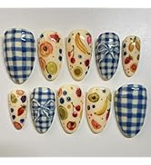 IMRAIN Almond Press on Nails Medium Fake Nails with Blue Plaid Designs Summer Cute Fruit Glossy A...
