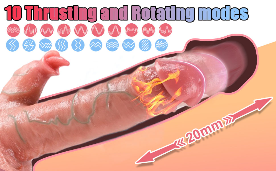 Diagram of a personal massager with 10 vibration modes, showing a 220mm length and internal heating element.