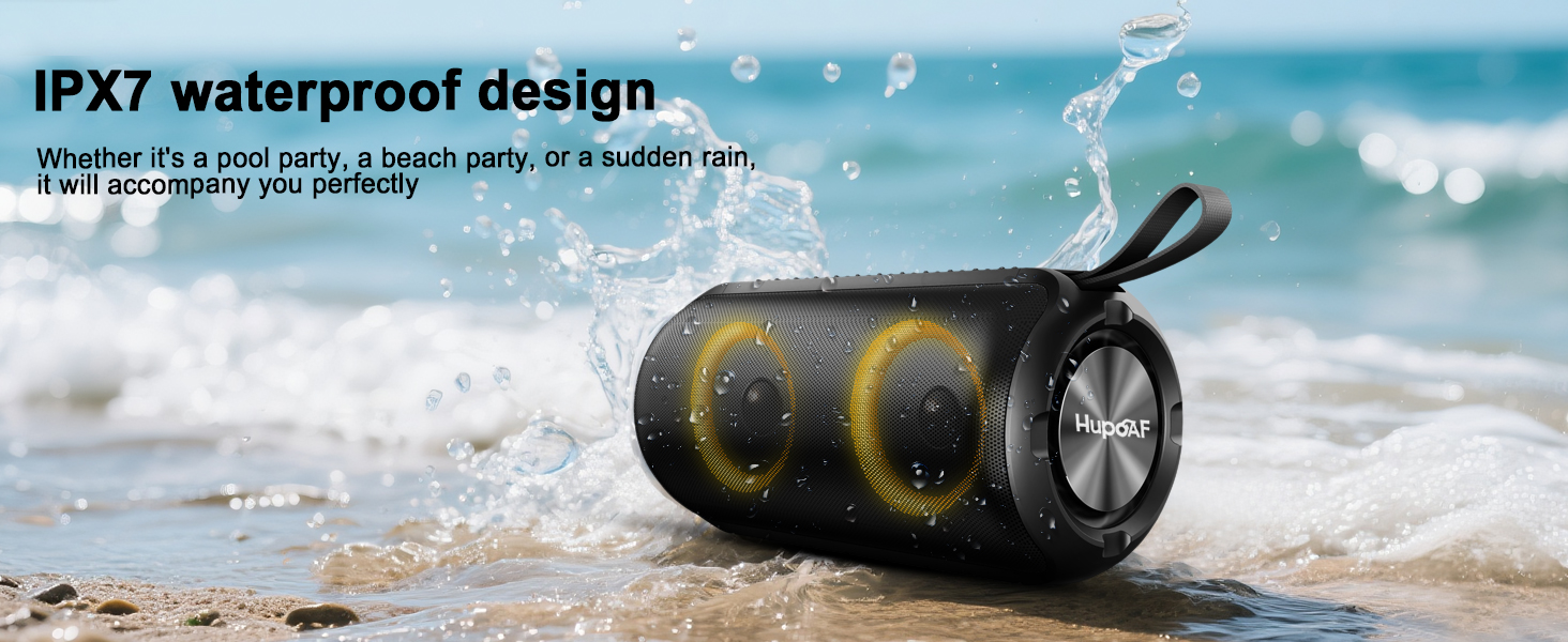 Text reads 'IPX7 waterproof design'. Product shot shows black cylindrical speaker on beach with ocean waves in background, emphasizing waterproof capabilities.
