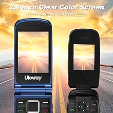 Two flip phones displaying a sunset road scene on their screens. Text indicates '2.4 inch Clear Color Screen' and Uleway brand name.