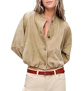 Omoone Faux Suede Bomber Jacket Women Oversized Gathered Hem Button Down Crop Coat Casual Fall Wi...