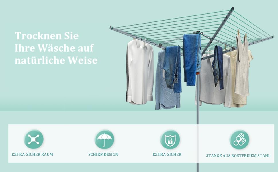 Asciuga il tuo lavaggio in modo naturale, ampio spazio di asciugatura, design dell'ombrello, extra sicuro, asta in acciaio resistente