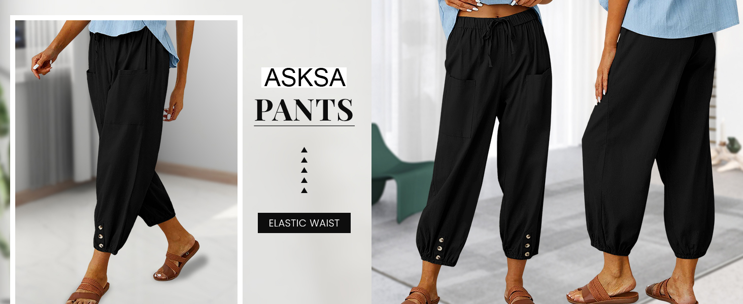 ASKSA Womens 7/8 Length Trousers Wide Leg Pants Summer Loose with Pockets