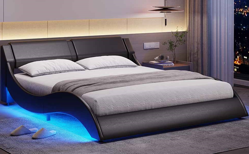 Queen Modern Upholstered Platform Bed Frame with LED Lights