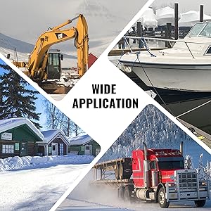 Collage de cinq images présentant diverses scènes extérieures : excavatrice, yacht, maisons enneigées, semi-camion et montagnes. Le texte indique « APPLICATION ÉTENDUE »