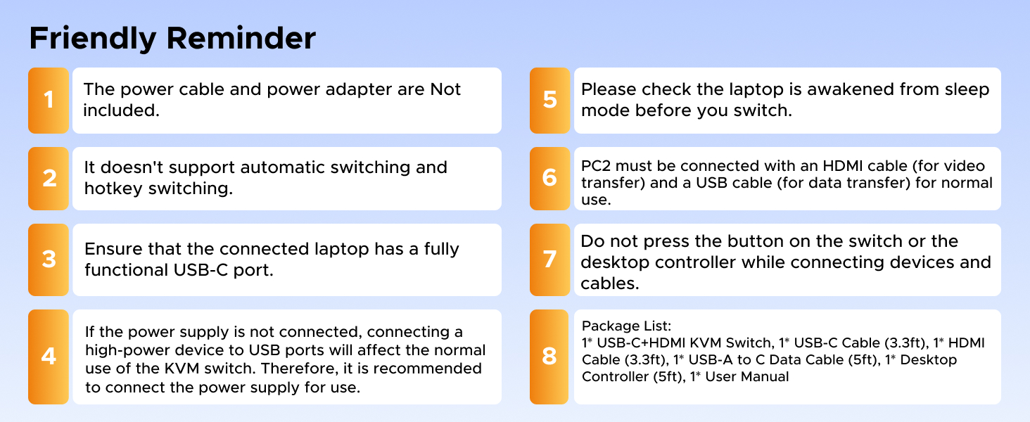 A friendly reminder list with 8 numbered points providing instructions and warnings about a laptop's power supply, connectivity, and included accessories.