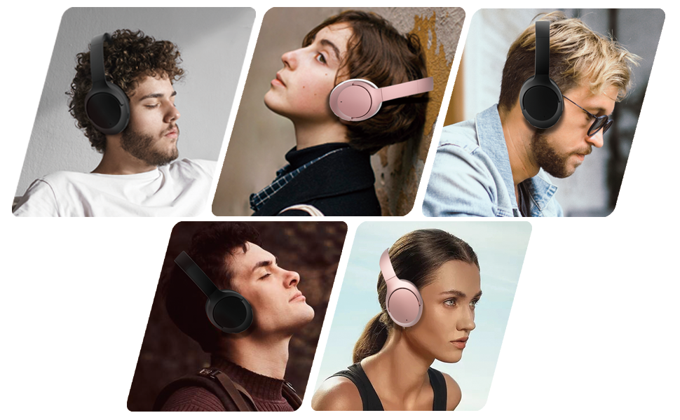 Collage of five promotional photos showing various angles of headphone usage, featuring different poses demonstrating wireless headphone wear.