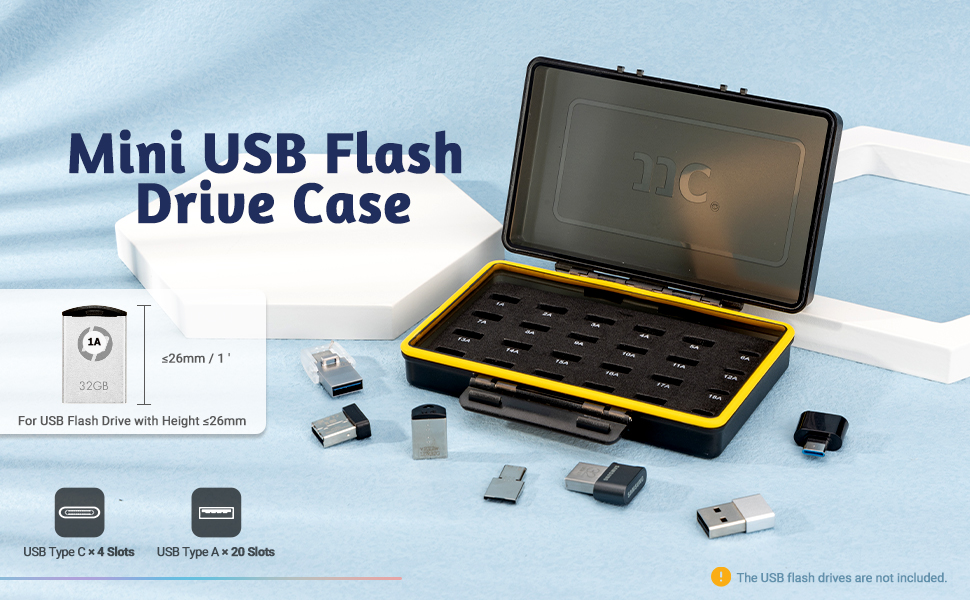 Mini USB Flash Drive Case for 20 USBA and 4 USBC Interface Thumb Drives, WaterResistant