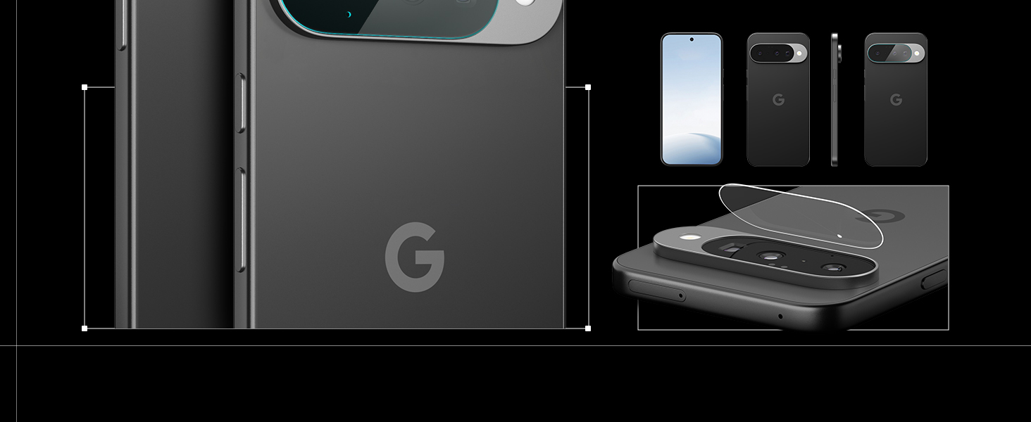 Produktpräsentation von Google-Smartphone-Geräten in schwarzer Ausführung mit mehreren Blickwinkeln und Zubehör, einschließlich Schutzhüllen.