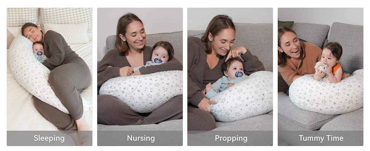 Multi-functional nursing pillow demonstrated in four different positions for sleeping, nursing, propping, and tummy time activities.
