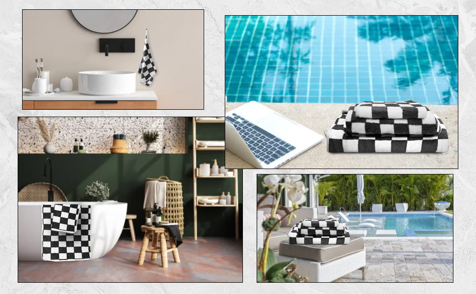 towels set black white checkered hand washcloth bulk soft quick dry gym beach spa 