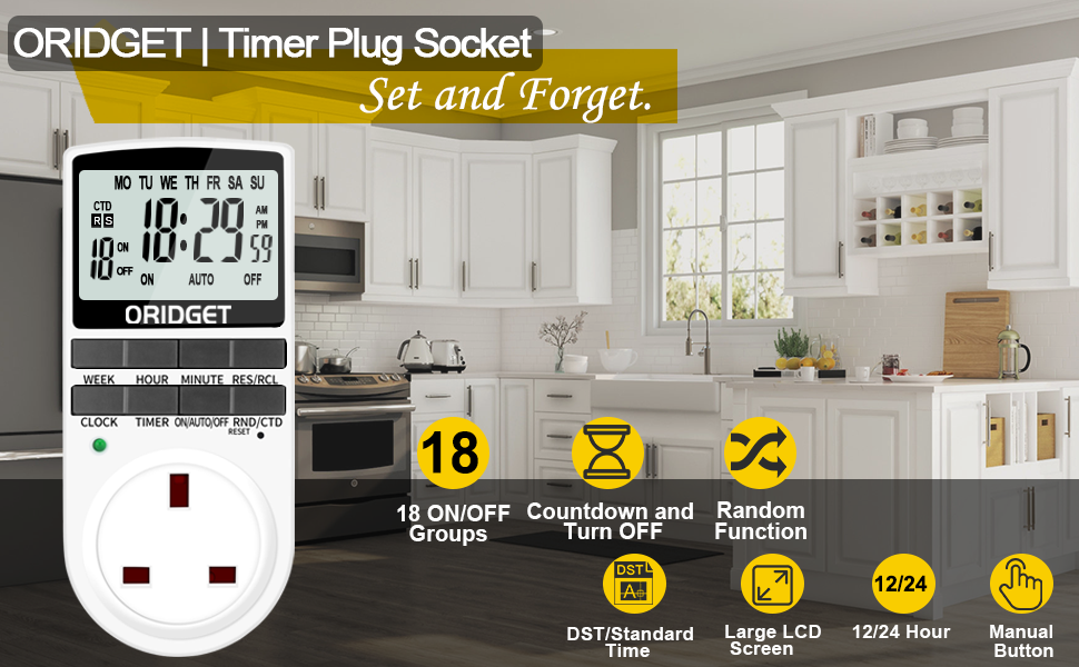 ORIDGET Digital Electrical Timer Plug Socket UK with 18 OnOff Programs