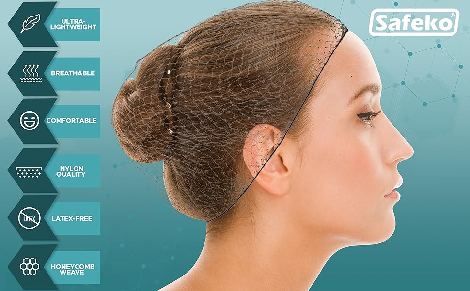 woman wearing ultra lightweight breathable comfortable nylon latex free honeycomb weaved hairnet