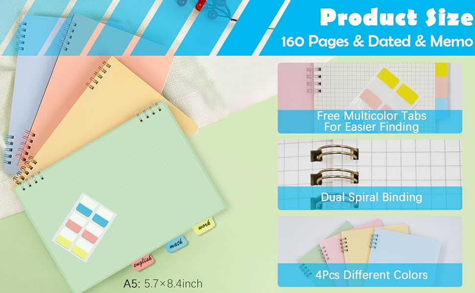 Dotbengc 4 Pack A5 Graph Paper Notebook, Aesthetic Spiral