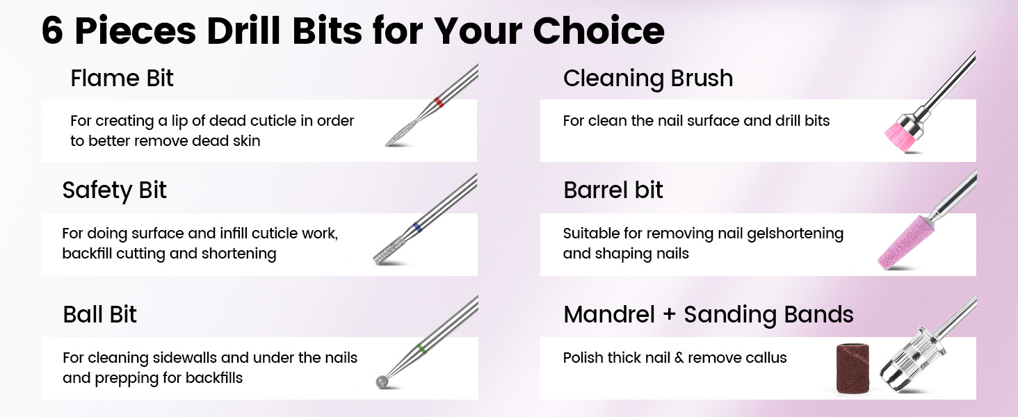 lavinda electric nail drill comes with 6pcs drill bits for your choice